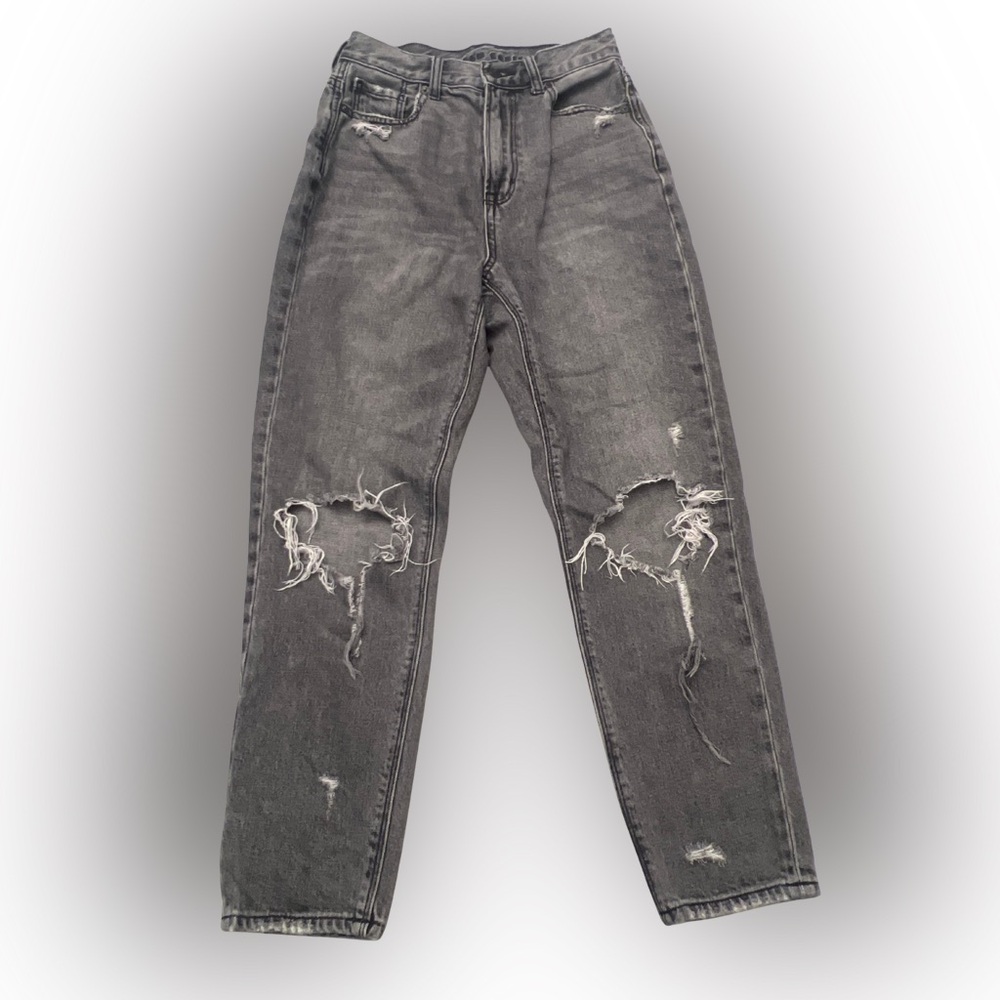 Women's American Eagle Highest Rise Mom Jeans Distressed Gray Size 0 Short